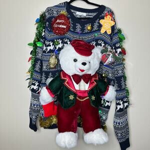 Ugly Christmas Sweater Teddy Bear LIGHTS UP Tinsel Xmas Party Winner Size Large